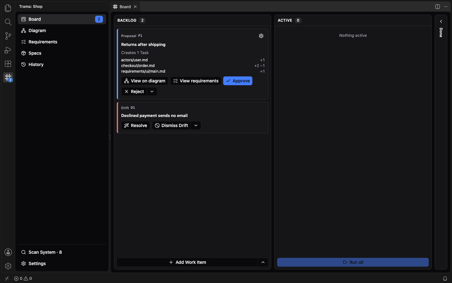 The Board of Trama in VS Code with a Proposal and a Drift in the Backlog, the empty Active column, the Done strip on the right and the number 2 on the Board entry of the side menu.