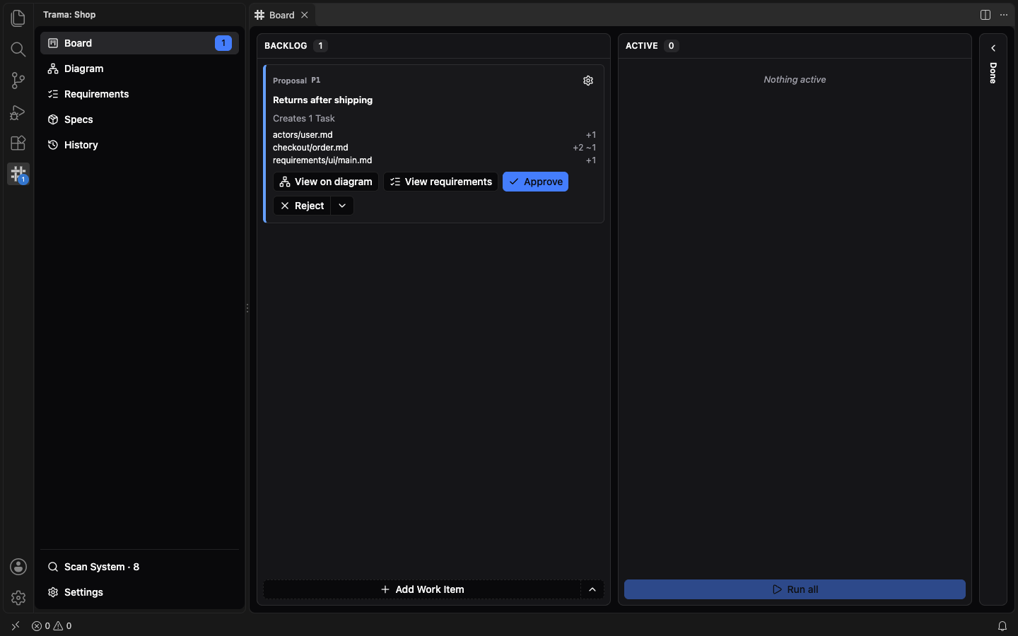 The Board with an open Proposal card in the Backlog, with the files it adds and the buttons View on diagram, View requirements, Approve and Reject, as each import Proposal looks.