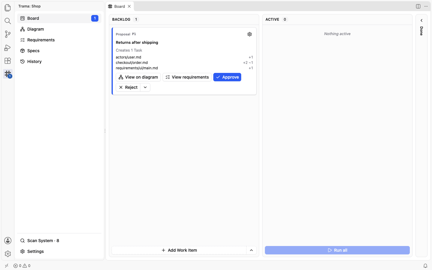 The Board with an open Proposal card in the Backlog, with the files it adds and the buttons View on diagram, View requirements, Approve and Reject, as each import Proposal looks.