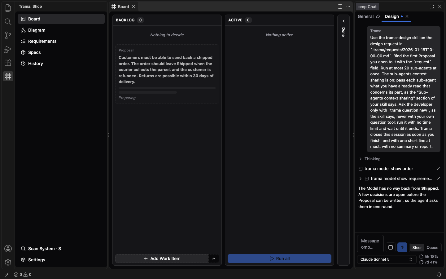 The Board with a dashed ghost card in the Backlog showing the request text and the word Preparing, and the Design conversation open in omp Chat on the right.