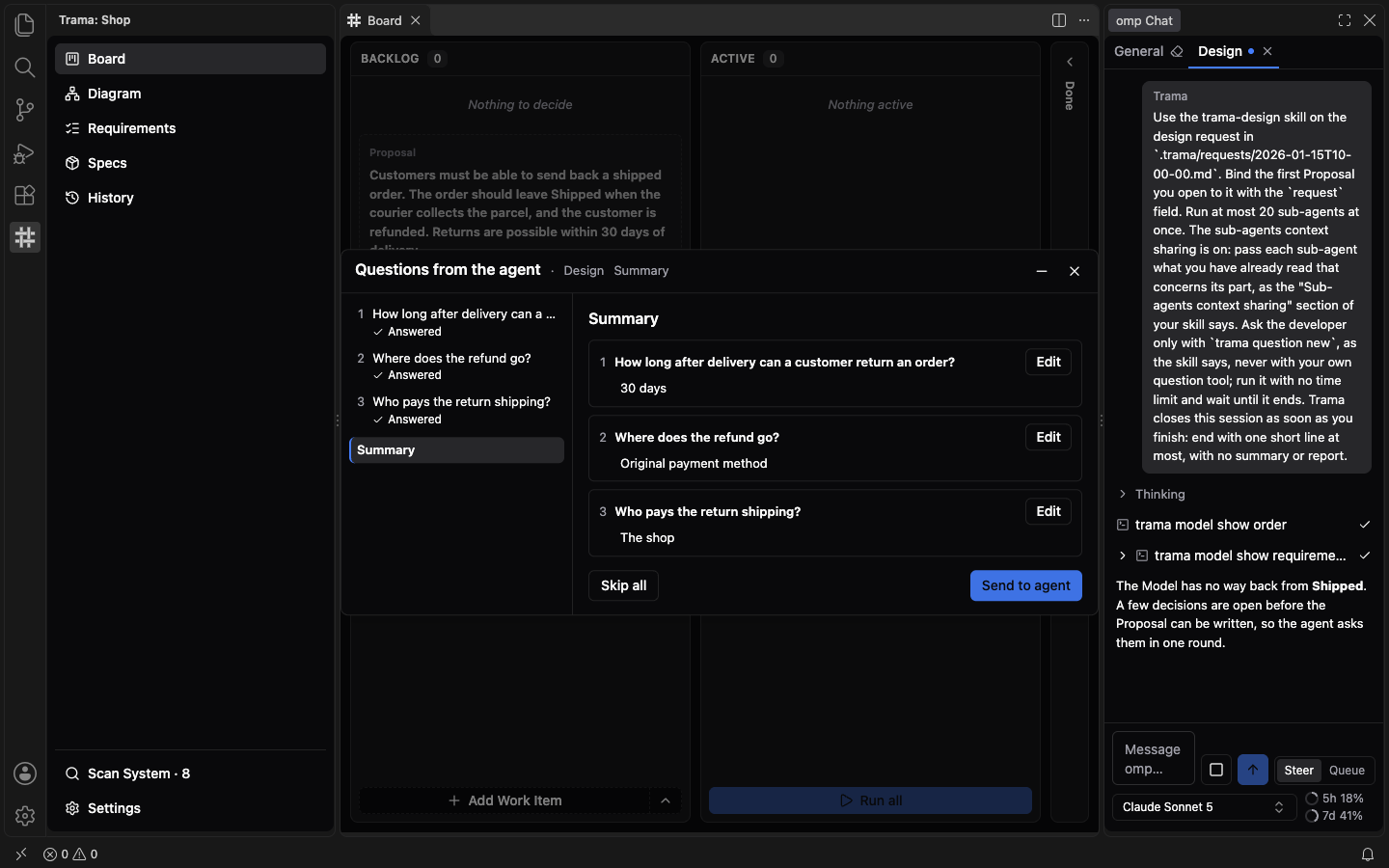 The Summary page of the questions overlay, with the three answers 30 days, Original payment method and The shop, each with an Edit button, and Skip all and Send to agent at the bottom.