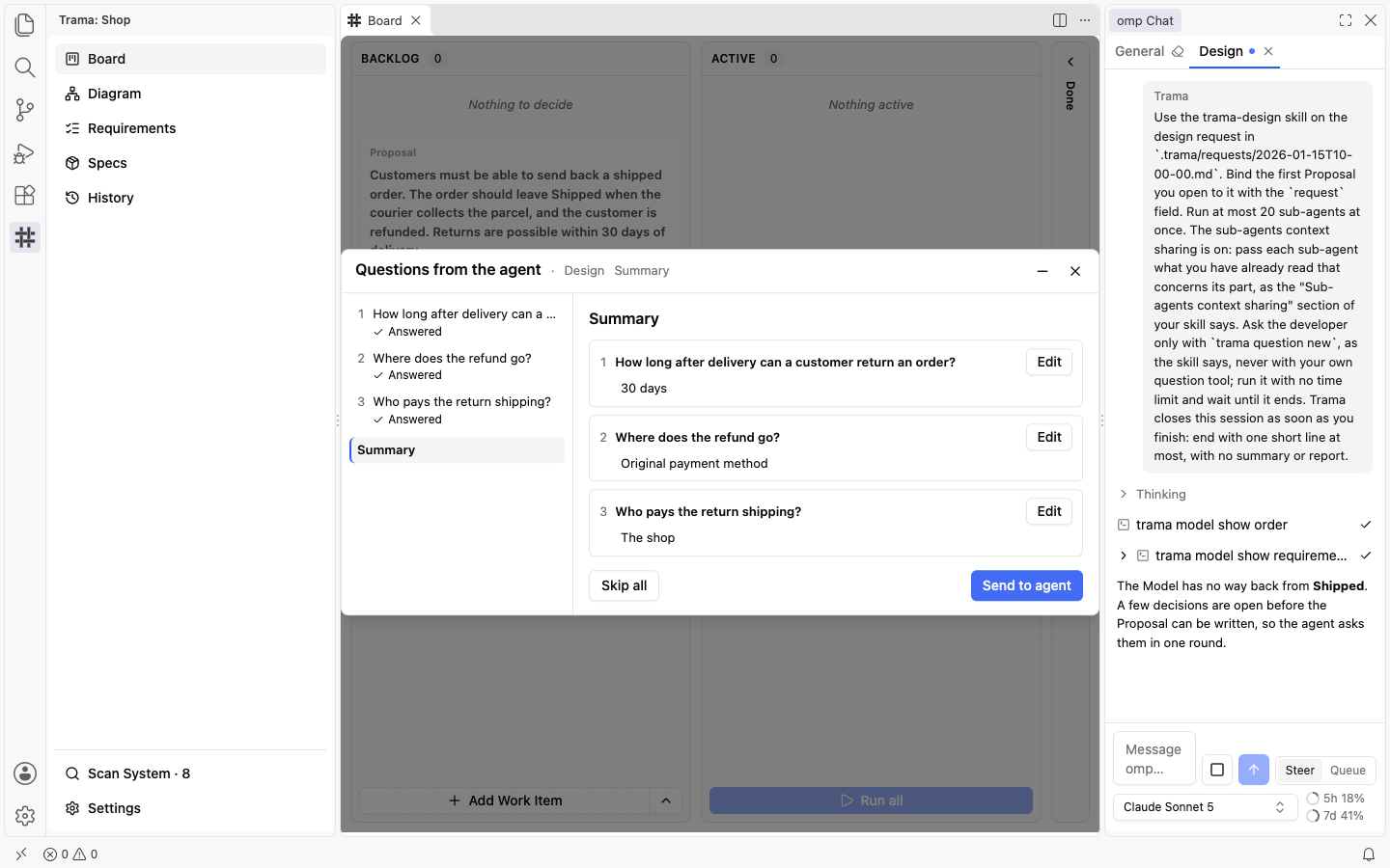 The Summary page of the questions overlay, with the three answers 30 days, Original payment method and The shop, each with an Edit button, and Skip all and Send to agent at the bottom.