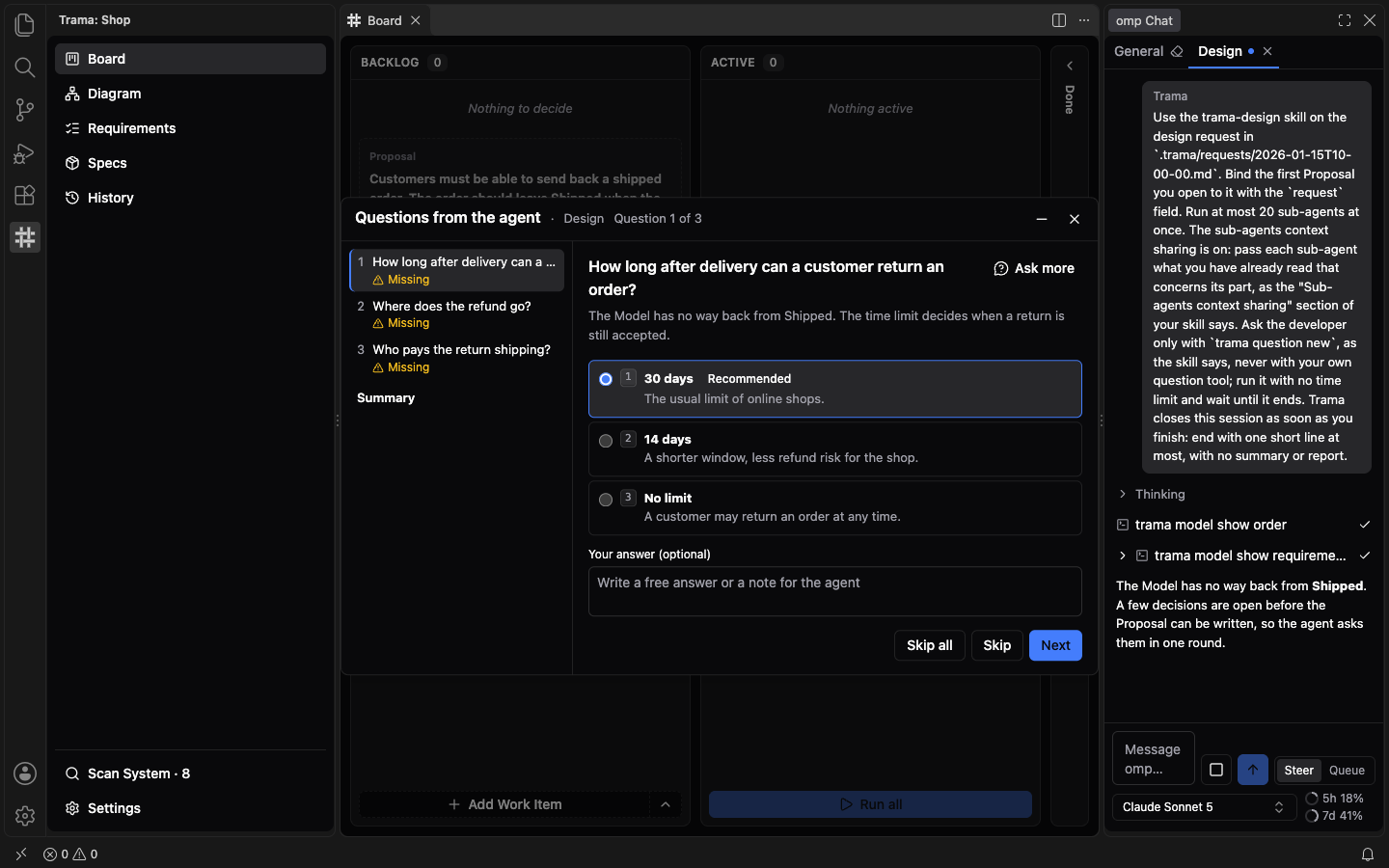 The Questions from the agent overlay on the Board: question 1 of 3 asks how long after delivery a customer can return an order, with the options 30 days (Recommended), 14 days and No limit, a free answer field, and Skip all, Skip and Next buttons.