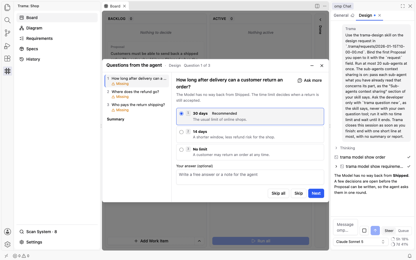The Questions from the agent overlay on the Board: question 1 of 3 asks how long after delivery a customer can return an order, with the options 30 days (Recommended), 14 days and No limit, a free answer field, and Skip all, Skip and Next buttons.