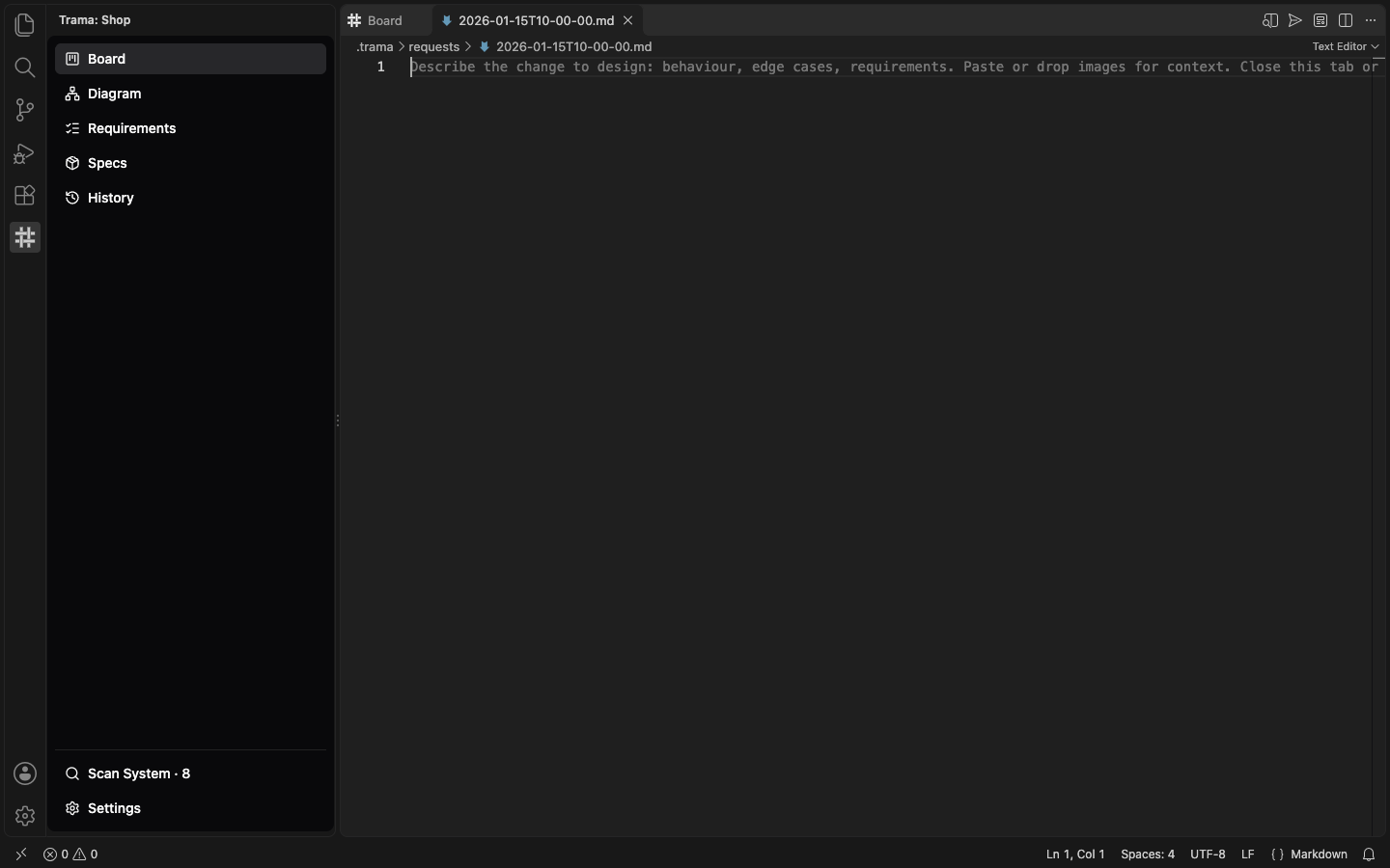 A new empty Markdown document in the editor with a grey hint on its first line, Describe the change to design, and the Send to agent button among the icons of the title bar.