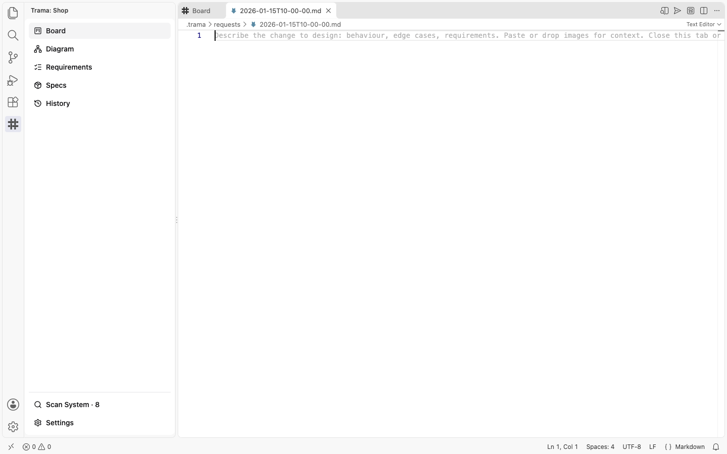 A new empty Markdown document in the editor with a grey hint on its first line, Describe the change to design, and the Send to agent button among the icons of the title bar.