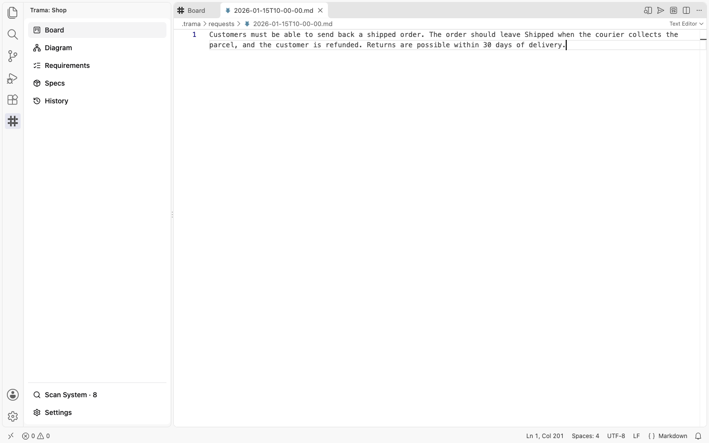 The request document with two lines of text describing returns of a shipped order, and the Send to agent button highlighted in the title bar.