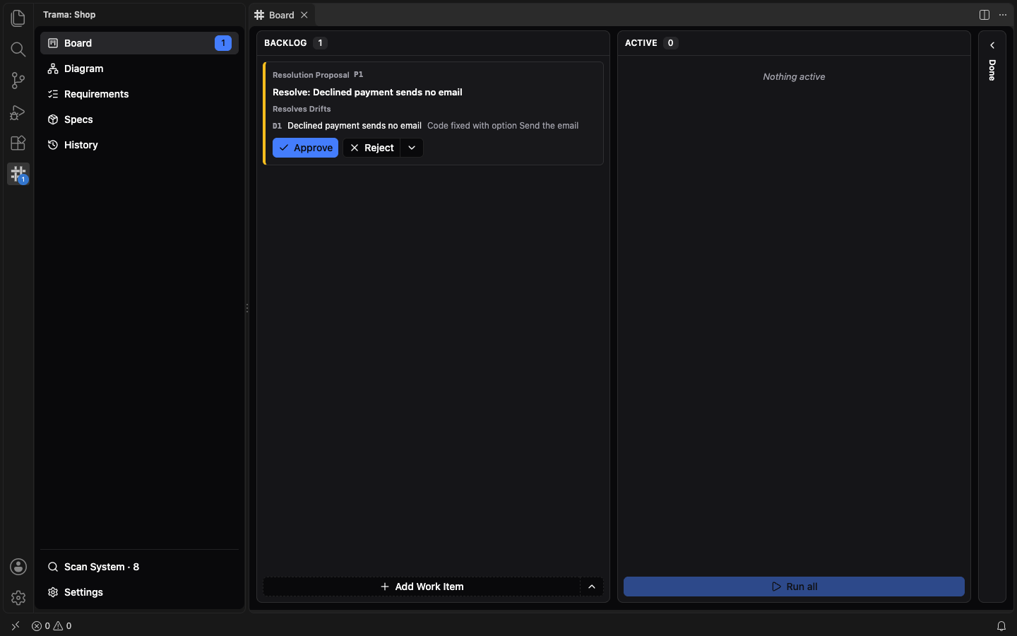 The Board with a yellow Resolution Proposal card in the Backlog, Resolve: Declined payment sends no email, listing D1 as Code fixed with option Send the email, with Approve and Reject buttons.