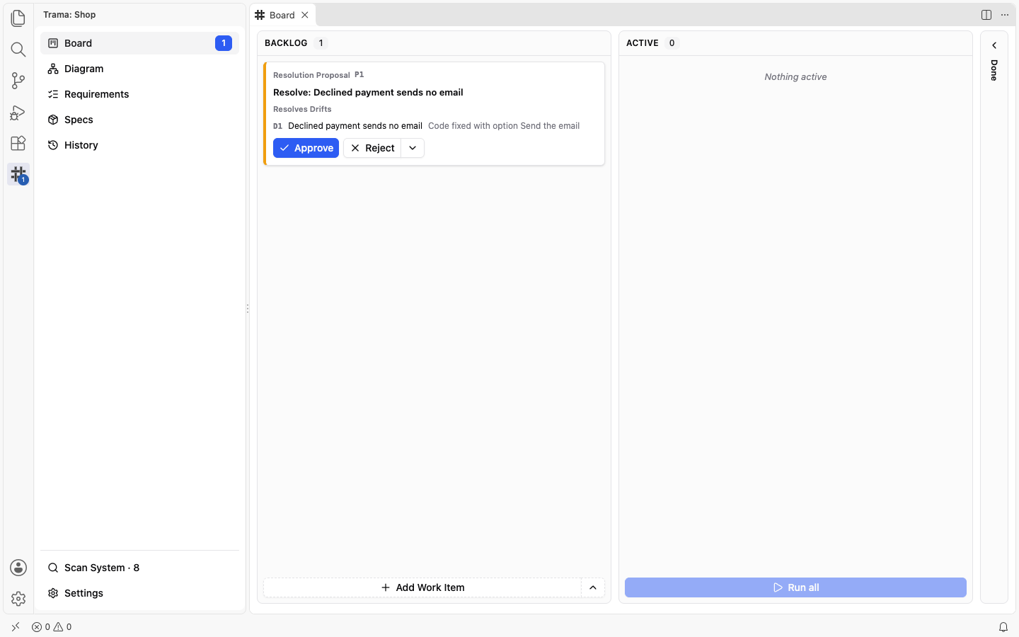 The Board with a yellow Resolution Proposal card in the Backlog, Resolve: Declined payment sends no email, listing D1 as Code fixed with option Send the email, with Approve and Reject buttons.