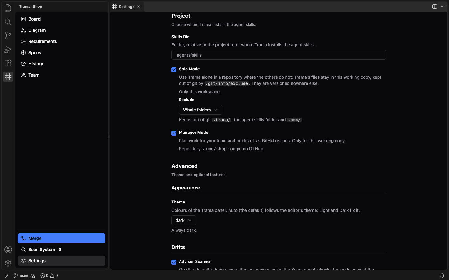 The Project group of Settings with Manager Mode checked and the line Repository acme/shop, origin on GitHub under it, and a Team entry now present in the side menu after History.
