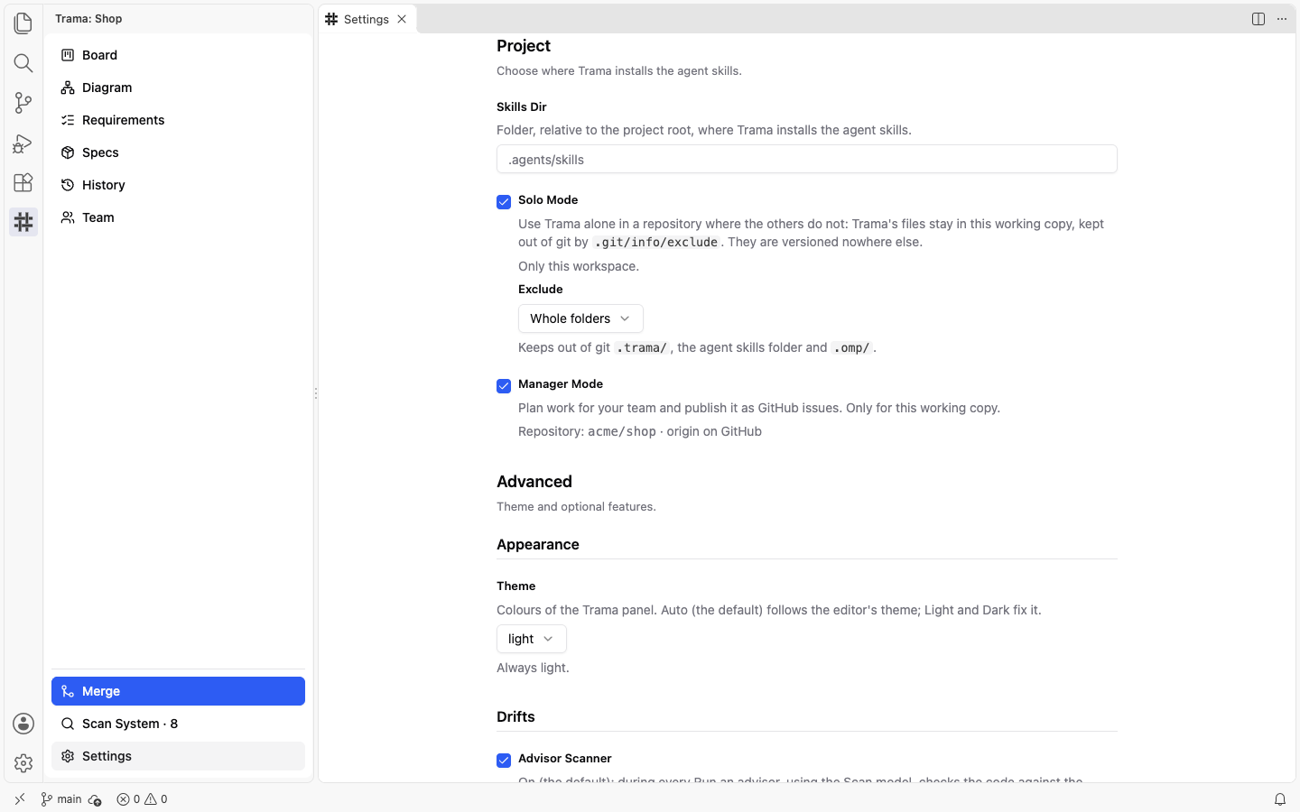 The Project group of Settings with Manager Mode checked and the line Repository acme/shop, origin on GitHub under it, and a Team entry now present in the side menu after History.