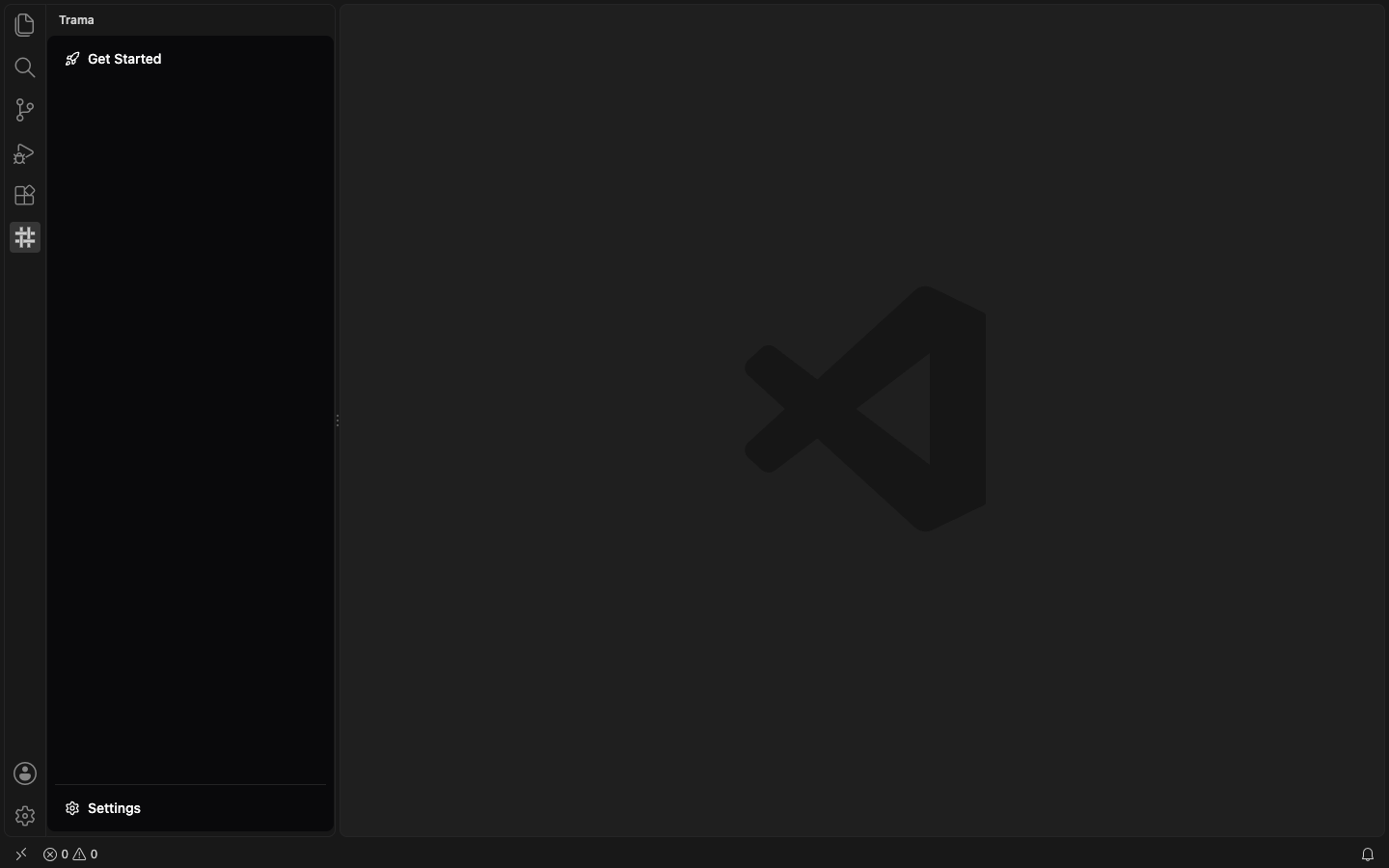 VS Code with the Trama icon selected in the activity bar and Trama's side menu open on a folder that is not a Trama project, offering Get Started at the top and Settings at the bottom.