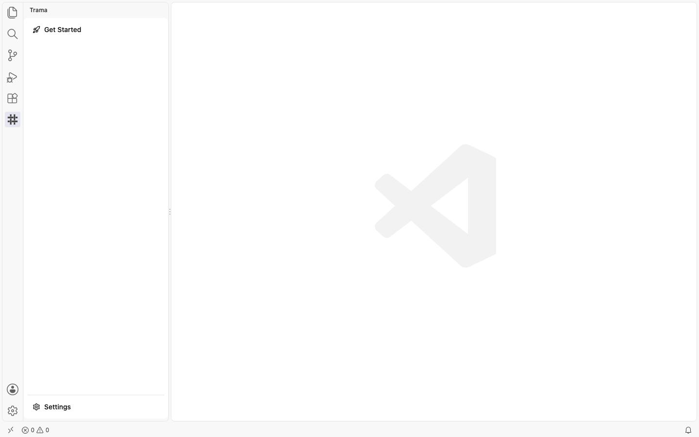 VS Code with the Trama icon selected in the activity bar and Trama's side menu open on a folder that is not a Trama project, offering Get Started at the top and Settings at the bottom.