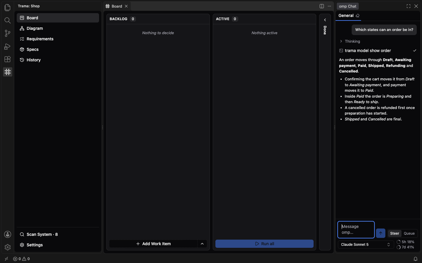 The omp Chat view on the right of the Board with the General conversation: a question about the states of an order, a collapsed Thinking block, a tool row and the agent's answer, and the message field with the model selector under it.