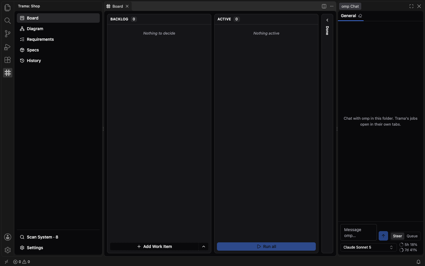 The bottom of the omp Chat view with the message field, the Steer and Queue buttons, the model selector Claude Sonnet 5 and the bars of the subscription usage, 5h 18% and 7d 41%.
