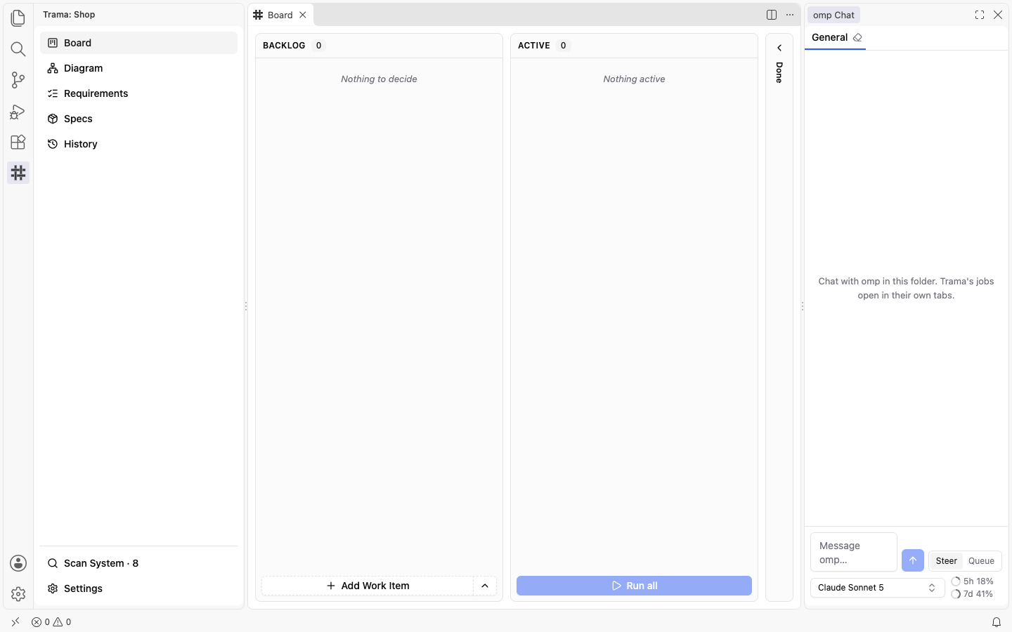The bottom of the omp Chat view with the message field, the Steer and Queue buttons, the model selector Claude Sonnet 5 and the bars of the subscription usage, 5h 18% and 7d 41%.