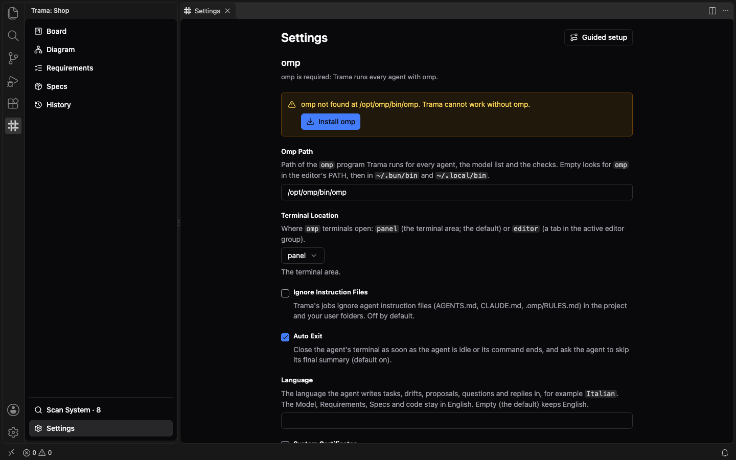 The Settings page of Trama when omp is not found: a warning box says omp was not found at the configured path and has an Install omp button, with the Omp Path field below it.