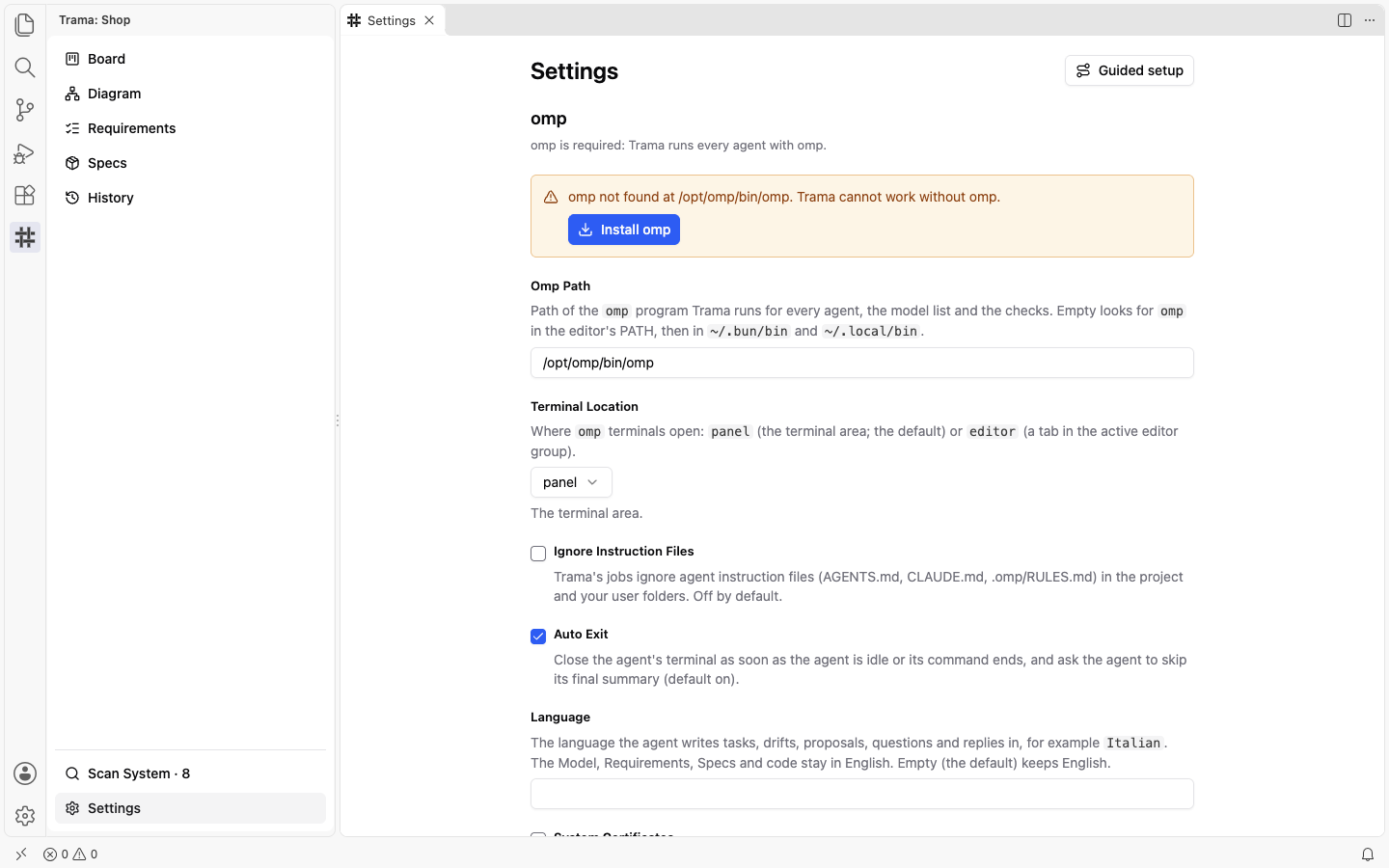 The Settings page of Trama when omp is not found: a warning box says omp was not found at the configured path and has an Install omp button, with the Omp Path field below it.
