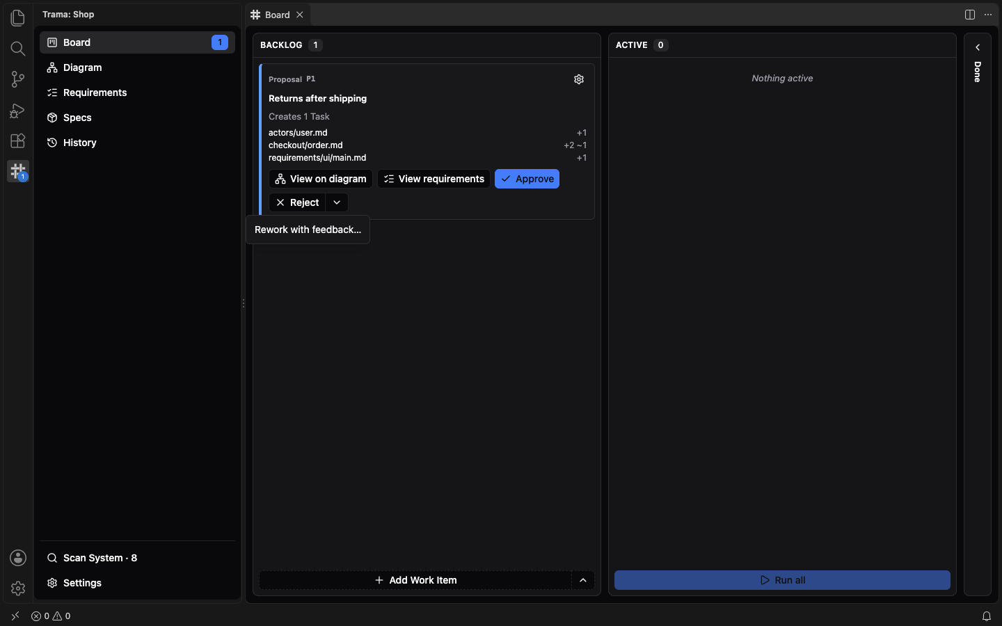 A Proposal card in the Backlog with the arrow beside Reject open, showing the item Rework with feedback.