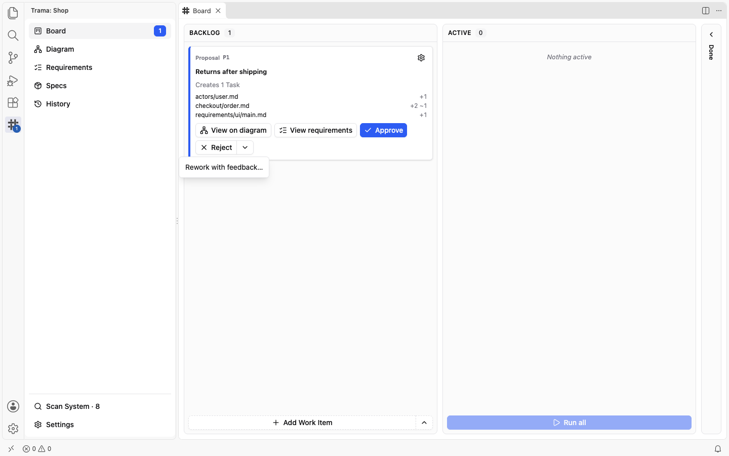 A Proposal card in the Backlog with the arrow beside Reject open, showing the item Rework with feedback.