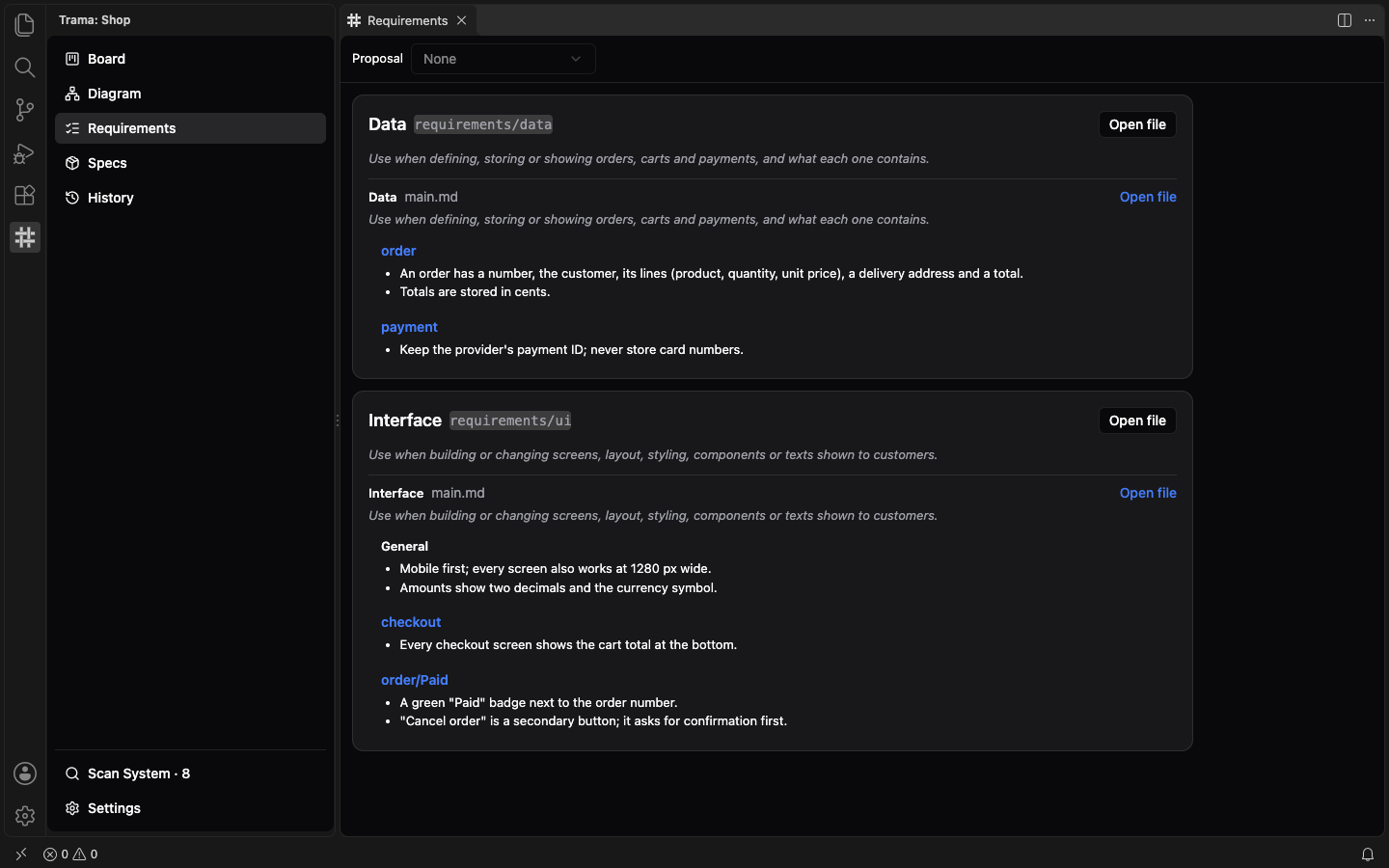The Requirements view with the Data and Interface Areas, each with its description, an Open file button and its fragment with the sections order, payment, checkout and order/Paid, and the Proposal selector at the top.