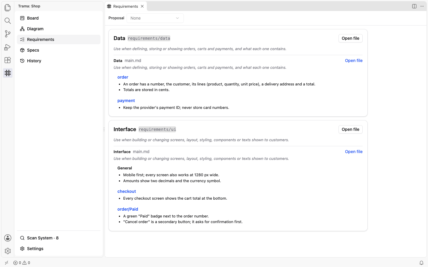 The Requirements view with the Data and Interface Areas, each with its description, an Open file button and its fragment with the sections order, payment, checkout and order/Paid, and the Proposal selector at the top.