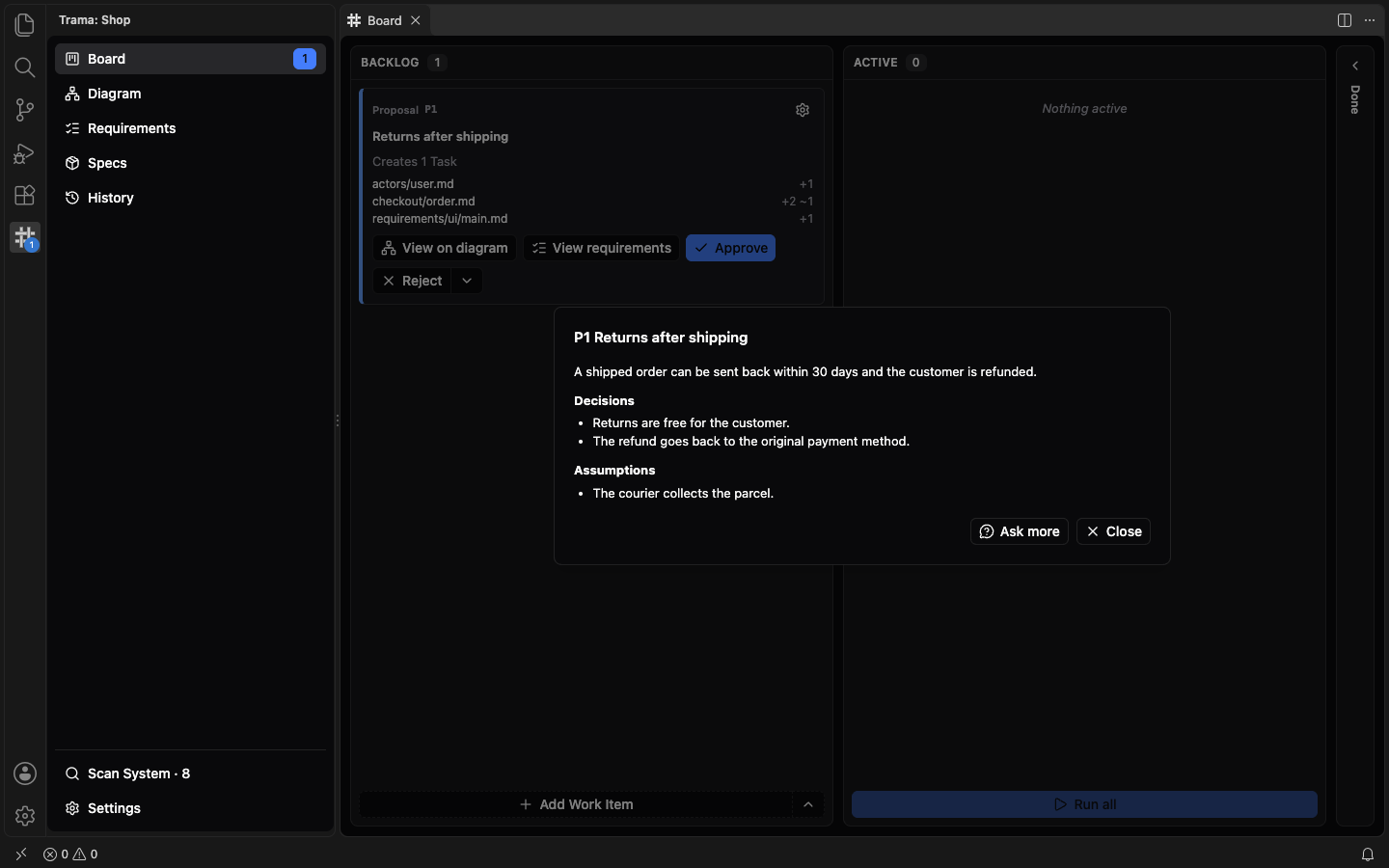 The details of Proposal P1, Returns after shipping, in a window over the dimmed Board: a sentence, a Decisions list, an Assumptions list, and the Ask more and Close buttons.