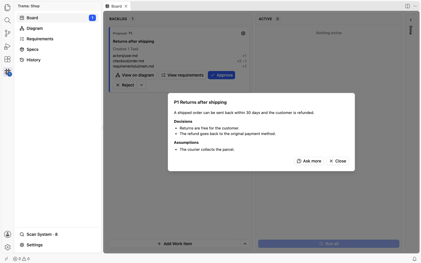 The details of Proposal P1, Returns after shipping, in a window over the dimmed Board: a sentence, a Decisions list, an Assumptions list, and the Ask more and Close buttons.