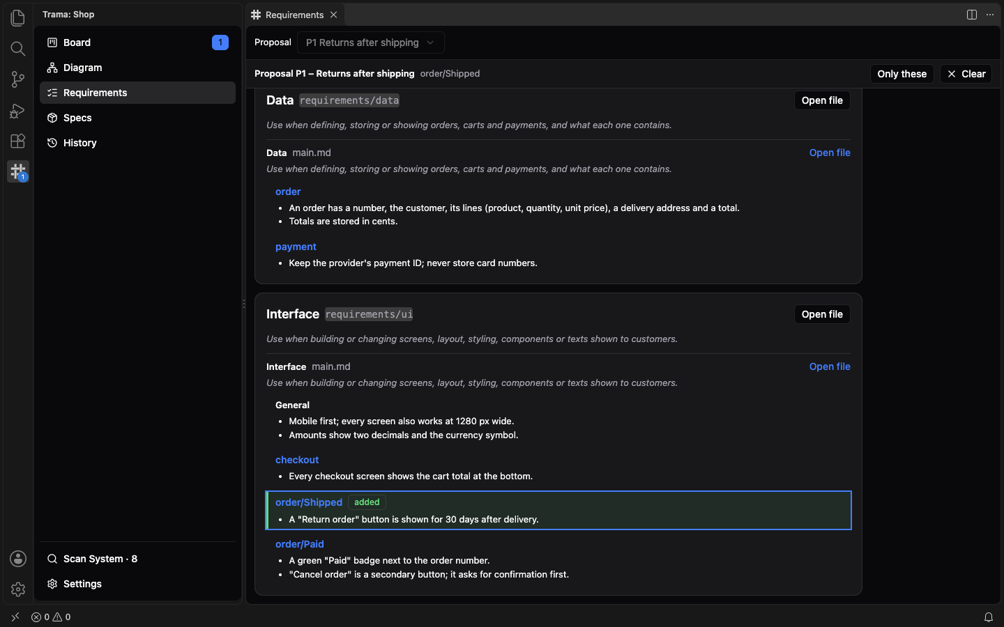 The Requirements view with Proposal P1 selected: the Interface Area with the section order/Shipped highlighted in green and marked added, and the Only these and Clear buttons in the header.