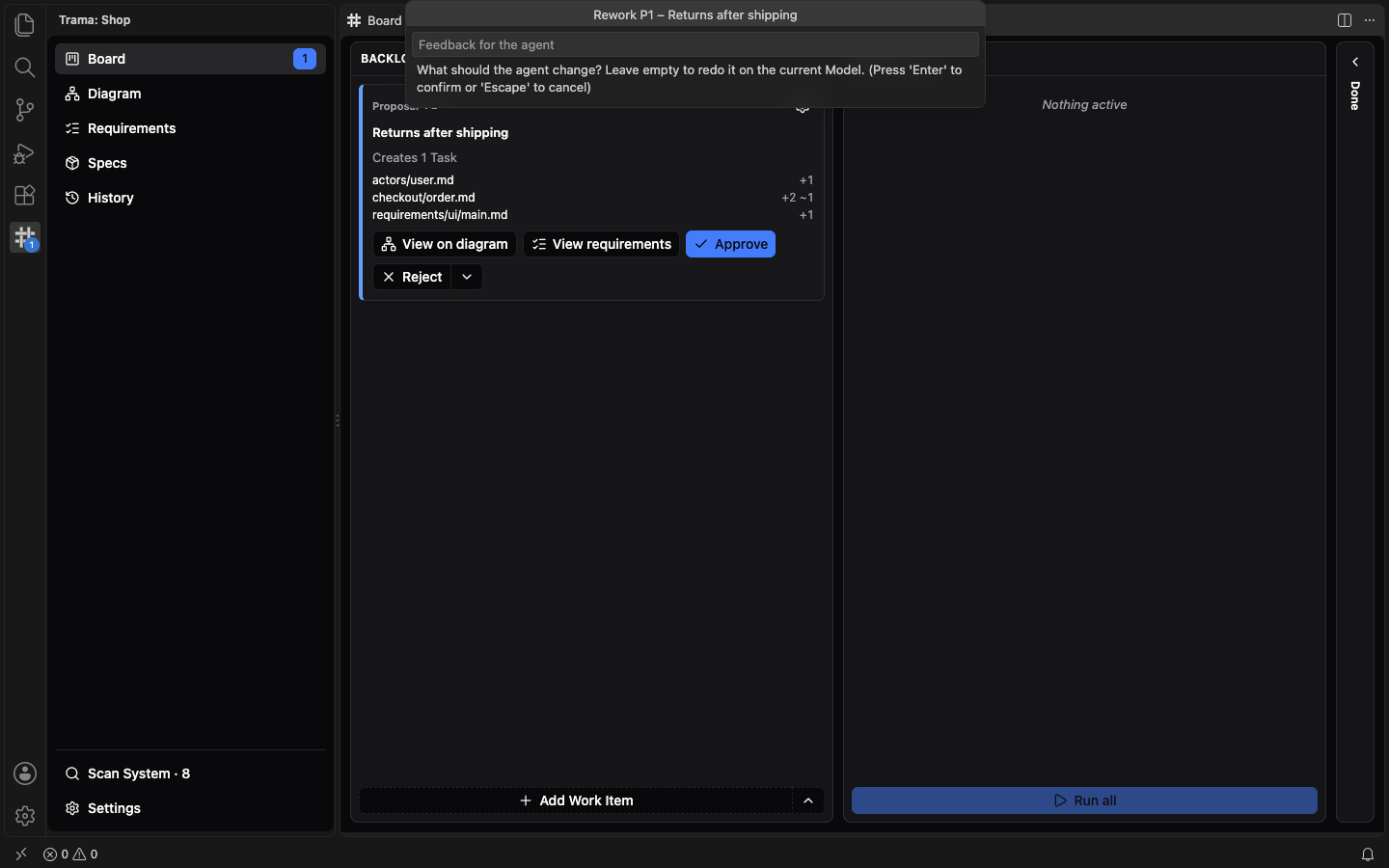 The input box of Rework P1, Returns after shipping, at the top of the window with the placeholder Feedback for the agent and the line asking what the agent should change, over the Board.