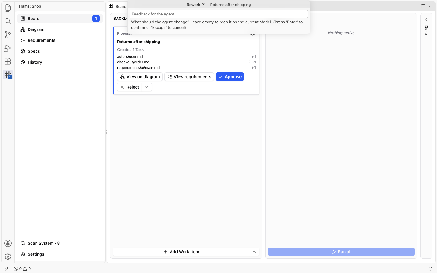 The input box of Rework P1, Returns after shipping, at the top of the window with the placeholder Feedback for the agent and the line asking what the agent should change, over the Board.