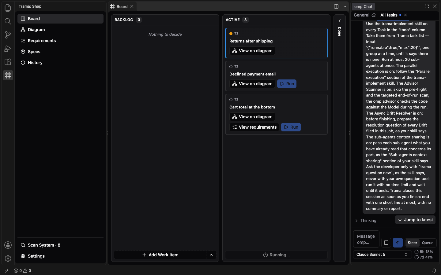 The Board during Run all: the first Task has a blue border, the button at the bottom of the Active column reads Running, and an All tasks conversation is open in omp Chat on the right.