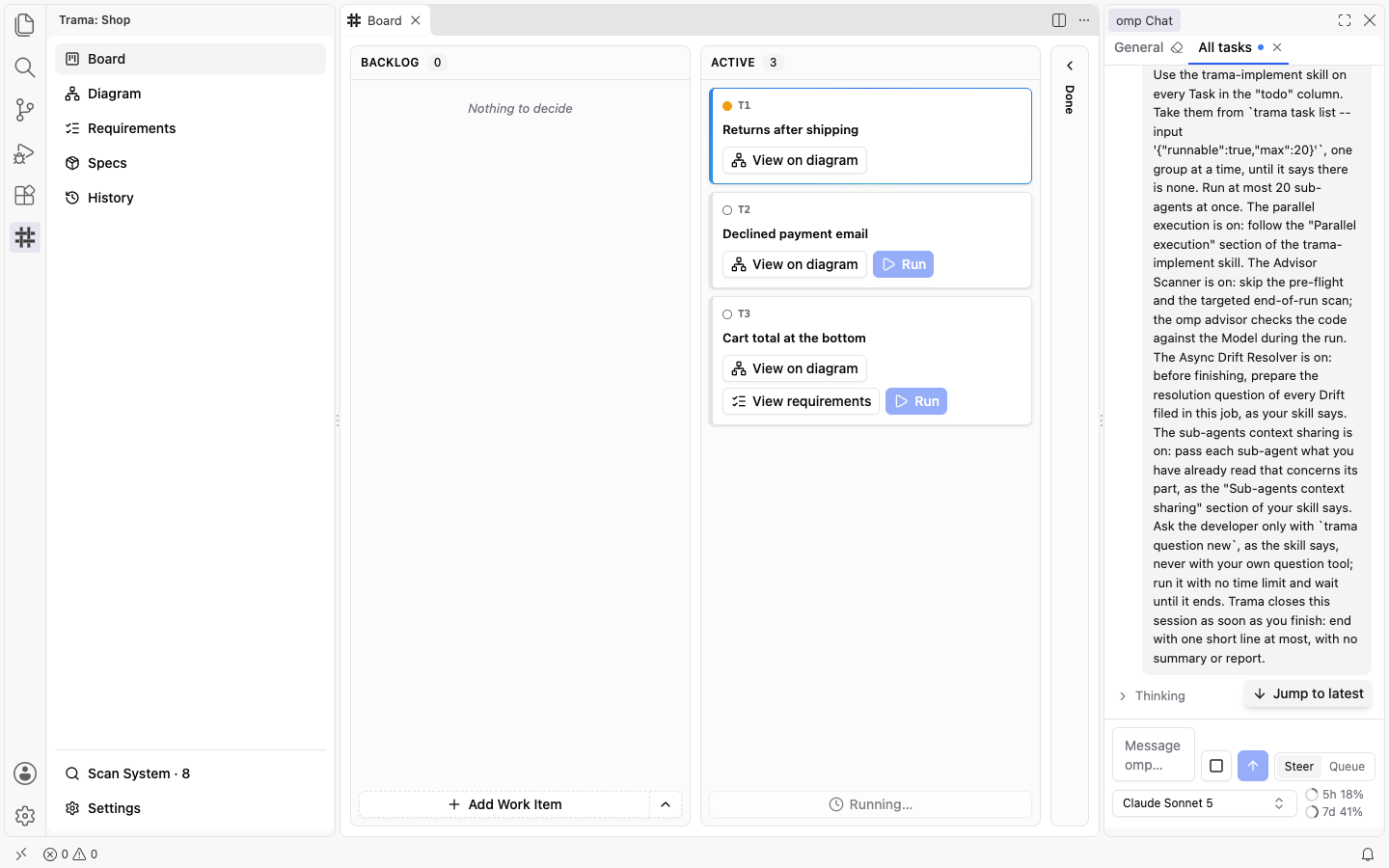 The Board during Run all: the first Task has a blue border, the button at the bottom of the Active column reads Running, and an All tasks conversation is open in omp Chat on the right.