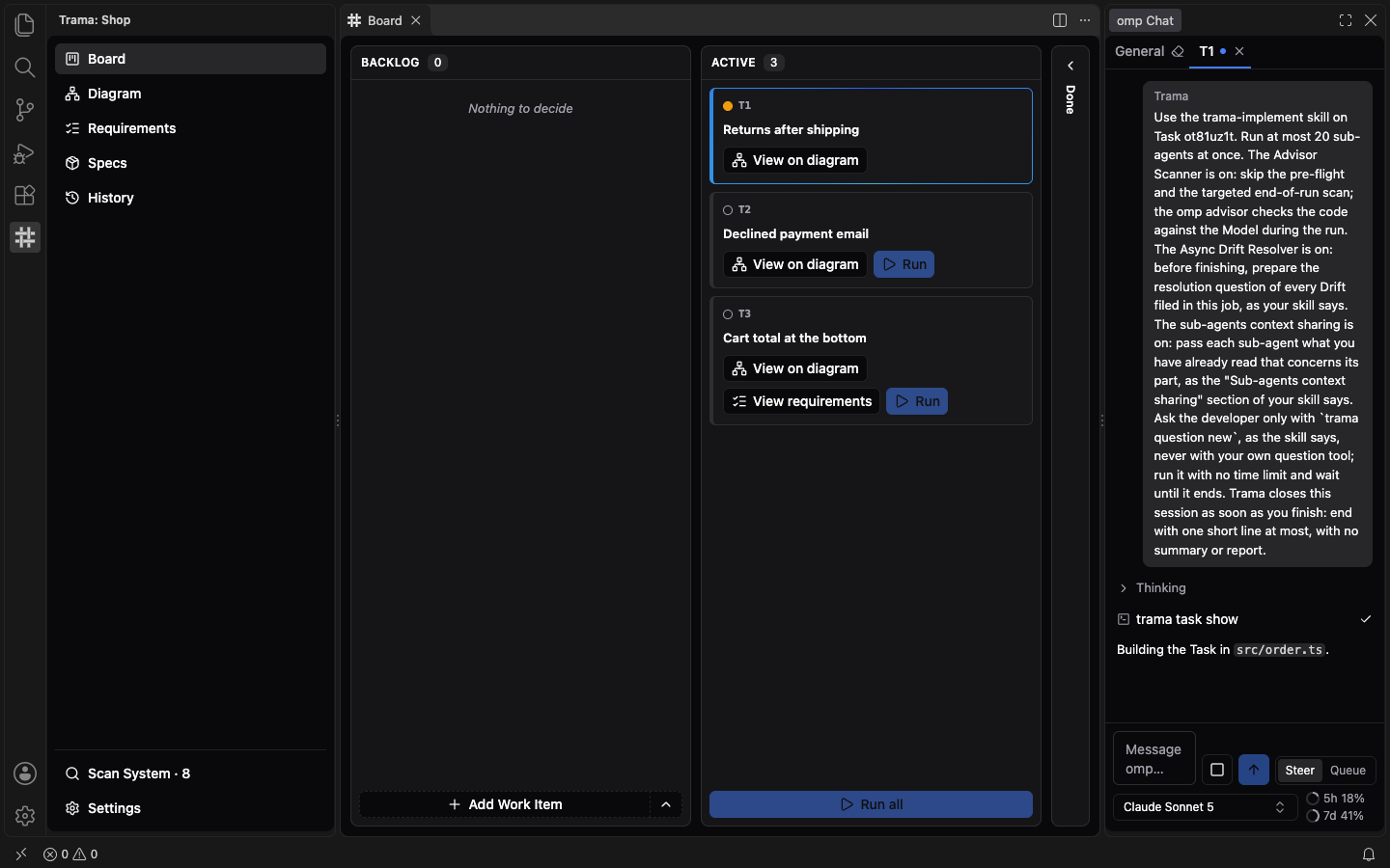 The Board while Task T1 runs: its card has a blue border and an orange dot, the other Tasks have disabled Run buttons, and the T1 conversation is open in omp Chat on the right with the agent's first lines.