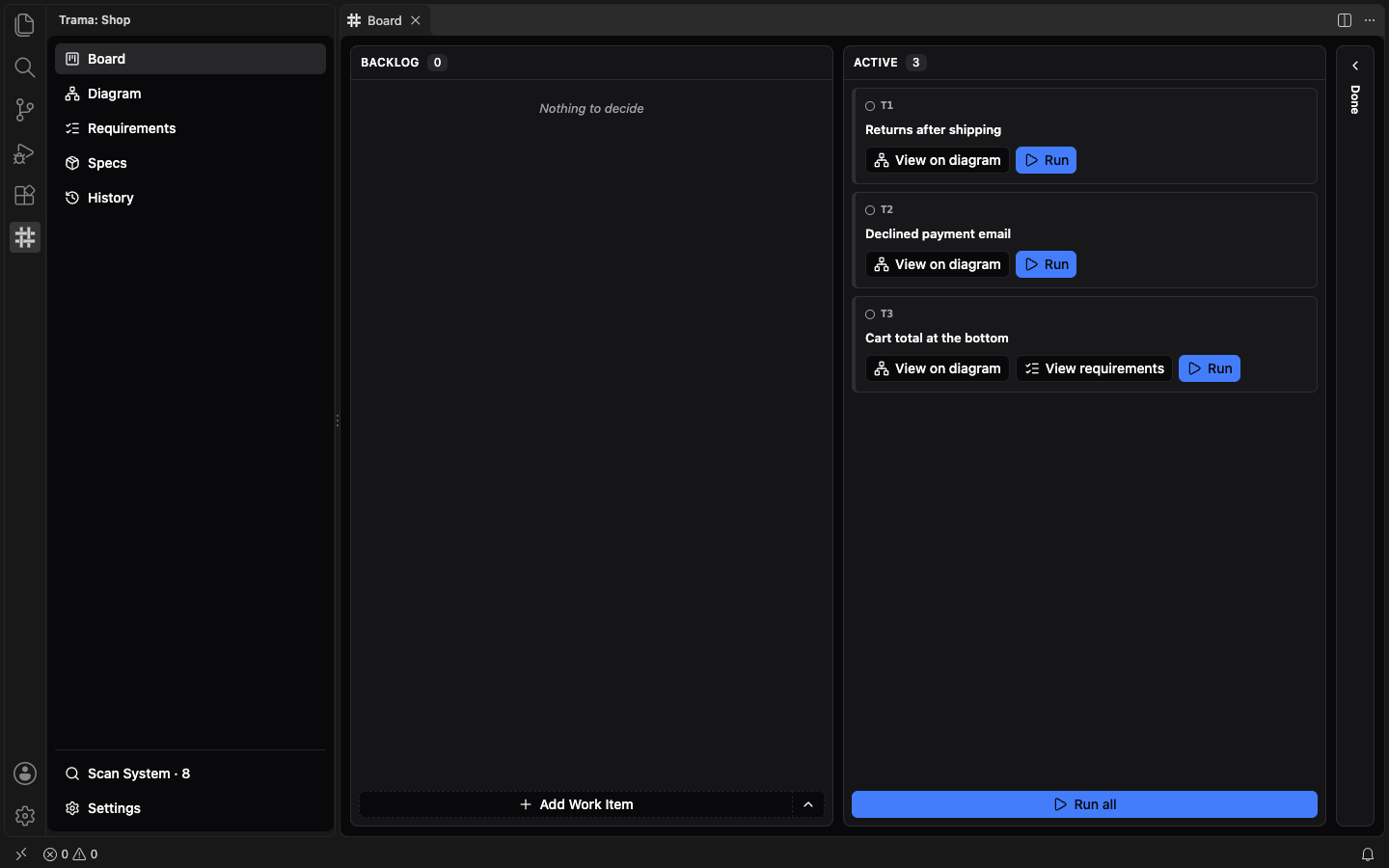 The Board with three Tasks in the Active column, Returns after shipping, Declined payment email and Cart total at the bottom, each with a Run button, and the Run all button at the bottom.