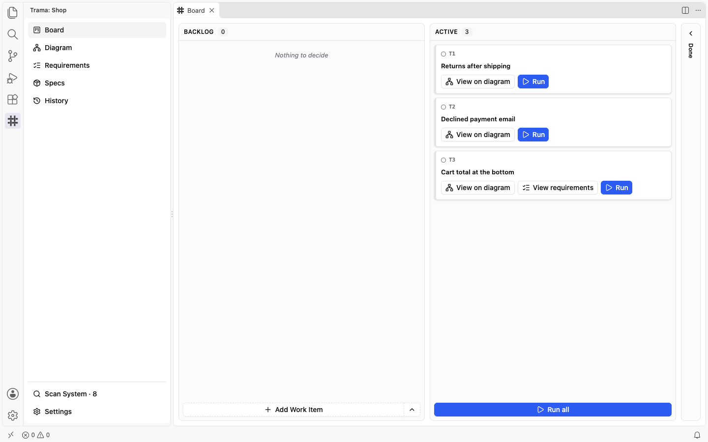 The Board with three Tasks in the Active column, Returns after shipping, Declined payment email and Cart total at the bottom, each with a Run button, and the Run all button at the bottom.