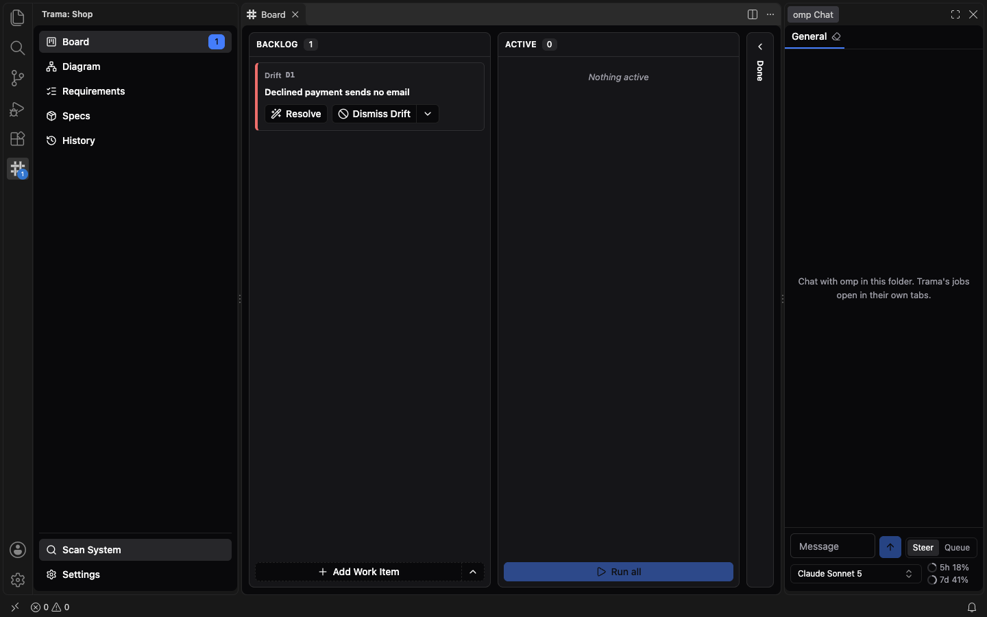 The Board after a scan: a red Drift card, Declined payment sends no email, in the Backlog with Resolve and Dismiss Drift buttons, and the number 1 on the Board entry of the side menu.