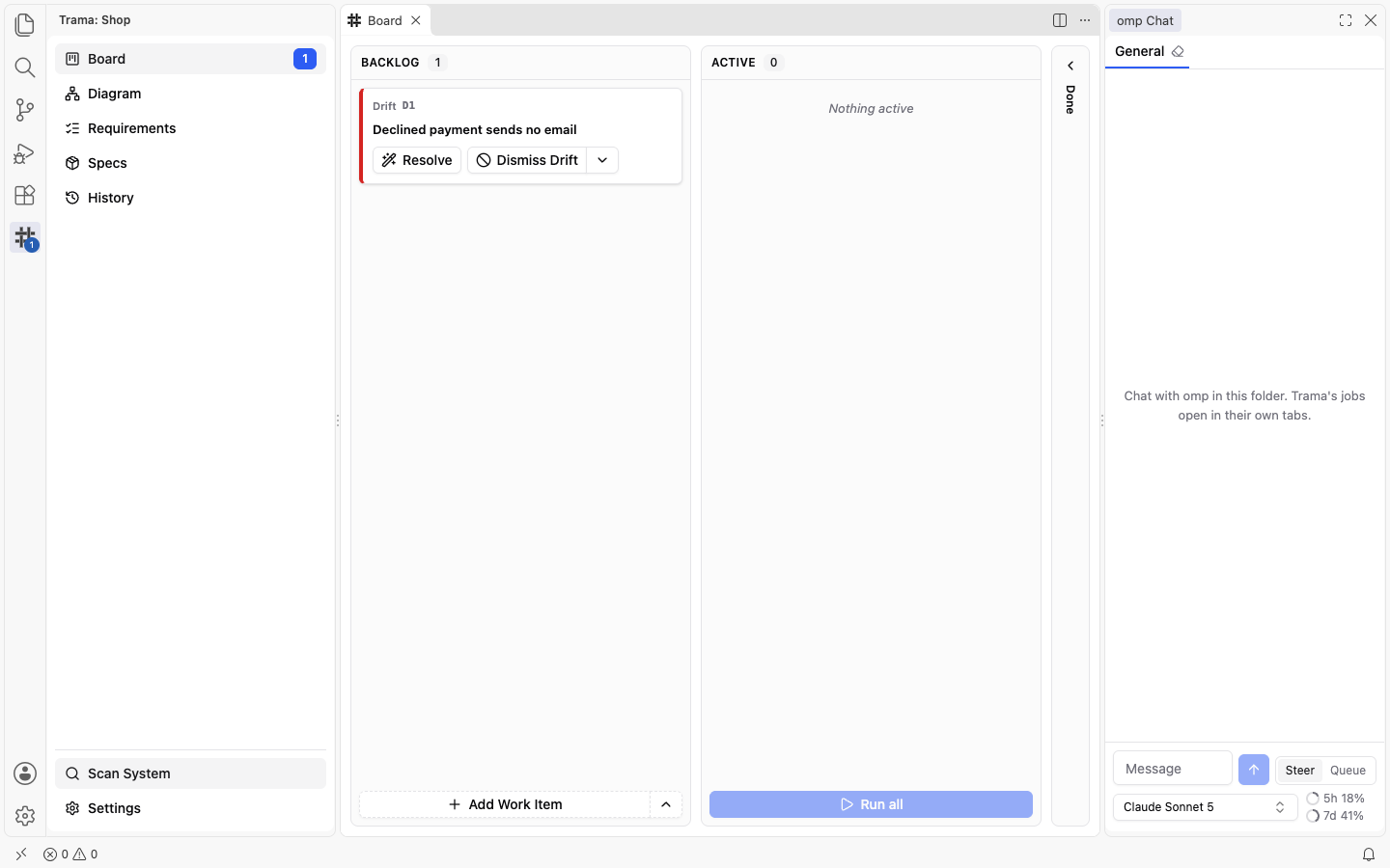 The Board after a scan: a red Drift card, Declined payment sends no email, in the Backlog with Resolve and Dismiss Drift buttons, and the number 1 on the Board entry of the side menu.