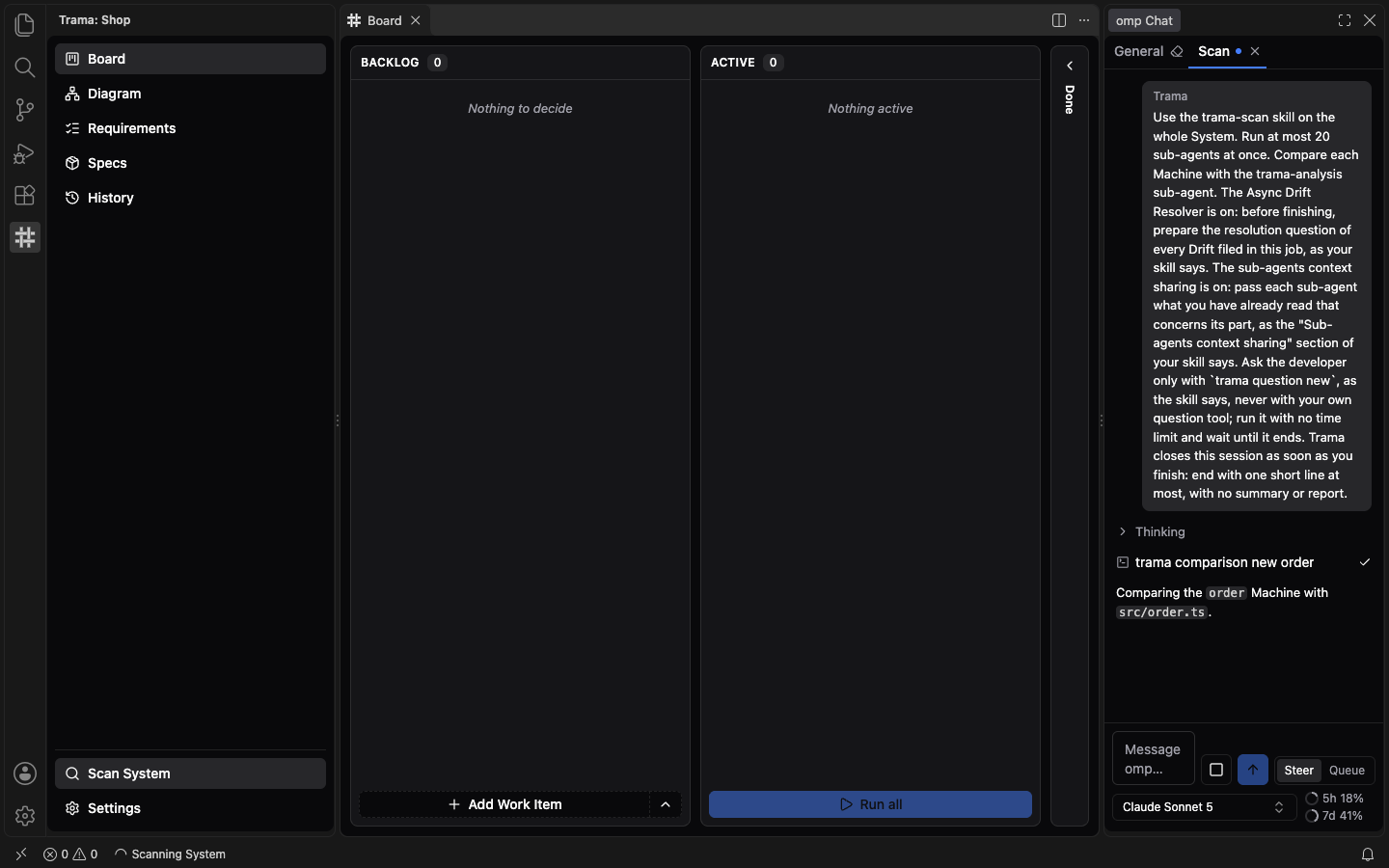 The Board during a scan: the status bar shows Scanning System at the bottom left, Scan System is highlighted in the side menu, and a Scan conversation is open in omp Chat on the right.