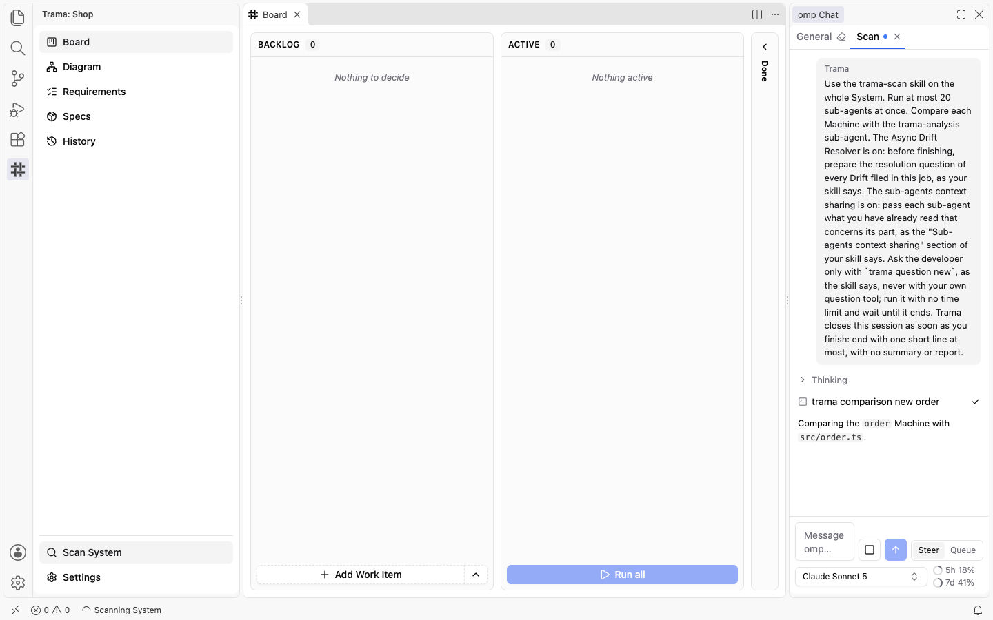 The Board during a scan: the status bar shows Scanning System at the bottom left, Scan System is highlighted in the side menu, and a Scan conversation is open in omp Chat on the right.