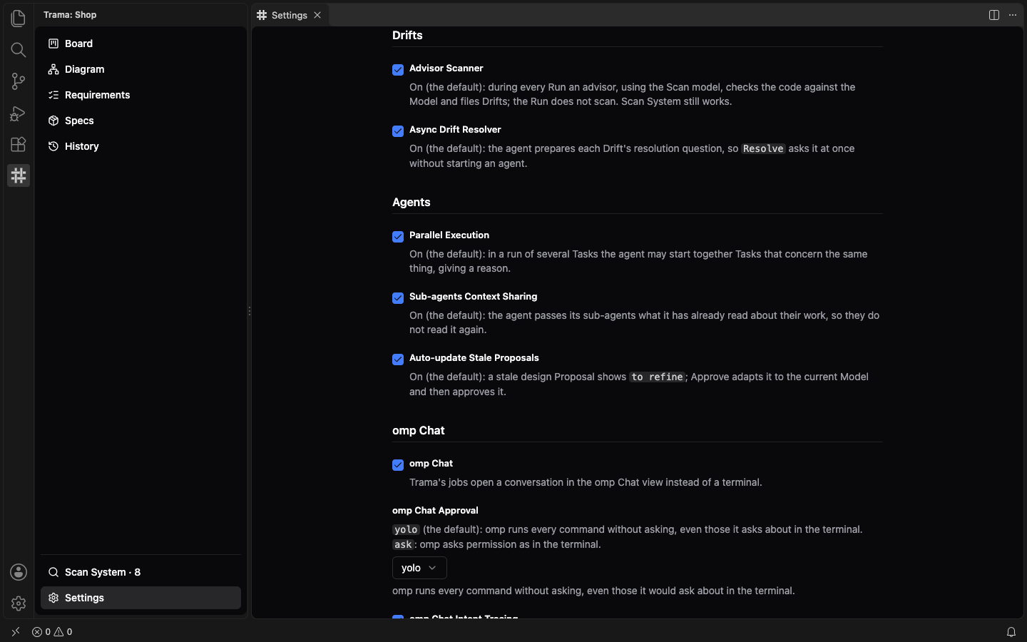 The Drifts and Agents groups of Settings with Advisor Scanner, Async Drift Resolver, Parallel Execution, Sub-agents Context Sharing and Auto-update Stale Proposals checked, and the omp Chat Approval selector set to yolo.
