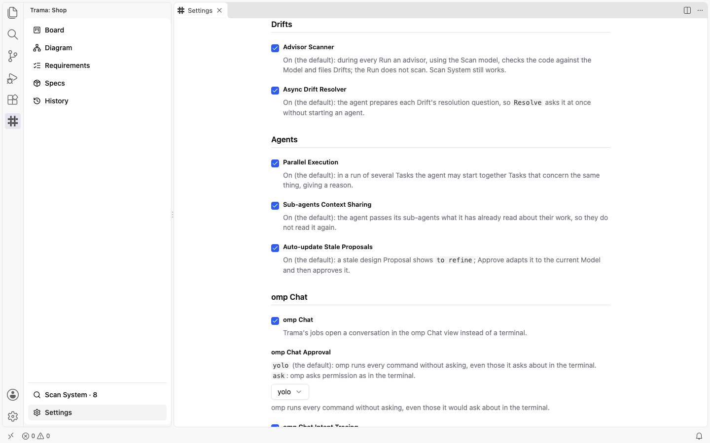 The Drifts and Agents groups of Settings with Advisor Scanner, Async Drift Resolver, Parallel Execution, Sub-agents Context Sharing and Auto-update Stale Proposals checked, and the omp Chat Approval selector set to yolo.