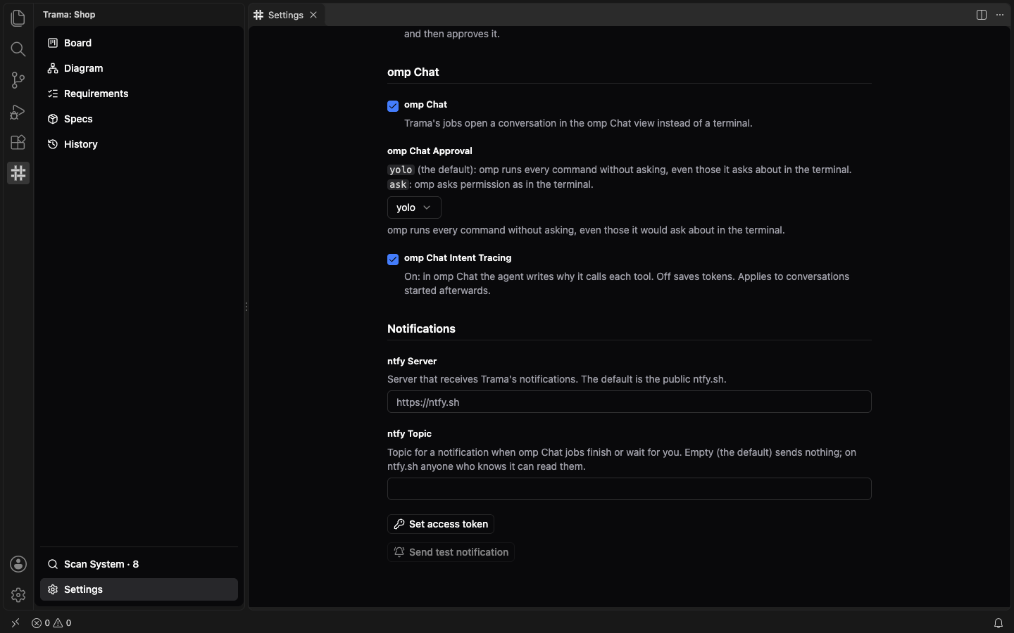 The omp Chat and Notifications groups of Settings: the omp Chat checkbox, the omp Chat Approval selector set to yolo, omp Chat Intent Tracing, and the ntfy Server and ntfy Topic fields with Set access token and Send test notification.