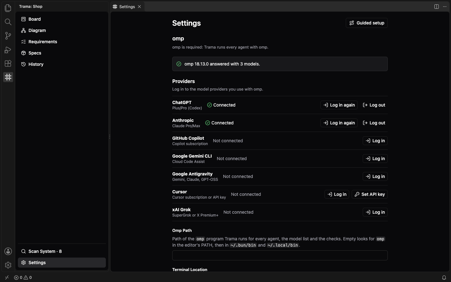 The omp group of Settings: a box saying omp answered with 3 models, and the Providers list where ChatGPT and Anthropic are Connected and GitHub Copilot, Google Gemini CLI and others have a Log in button.