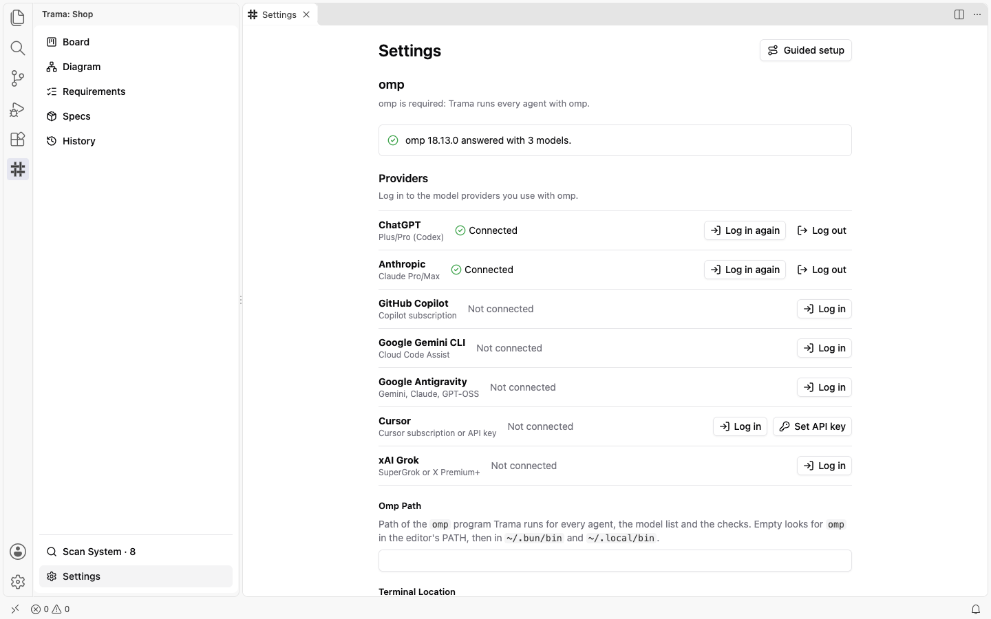 The omp group of Settings: a box saying omp answered with 3 models, and the Providers list where ChatGPT and Anthropic are Connected and GitHub Copilot, Google Gemini CLI and others have a Log in button.