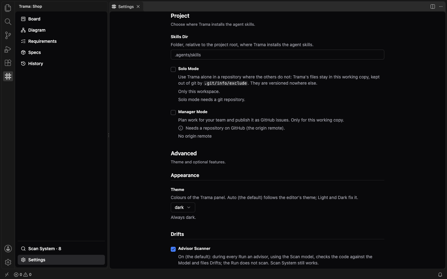 The Project group of Settings with the Skills Dir field, the Solo Mode and Manager Mode checkboxes and, below, the Advanced group starting with Theme and the Drifts options.