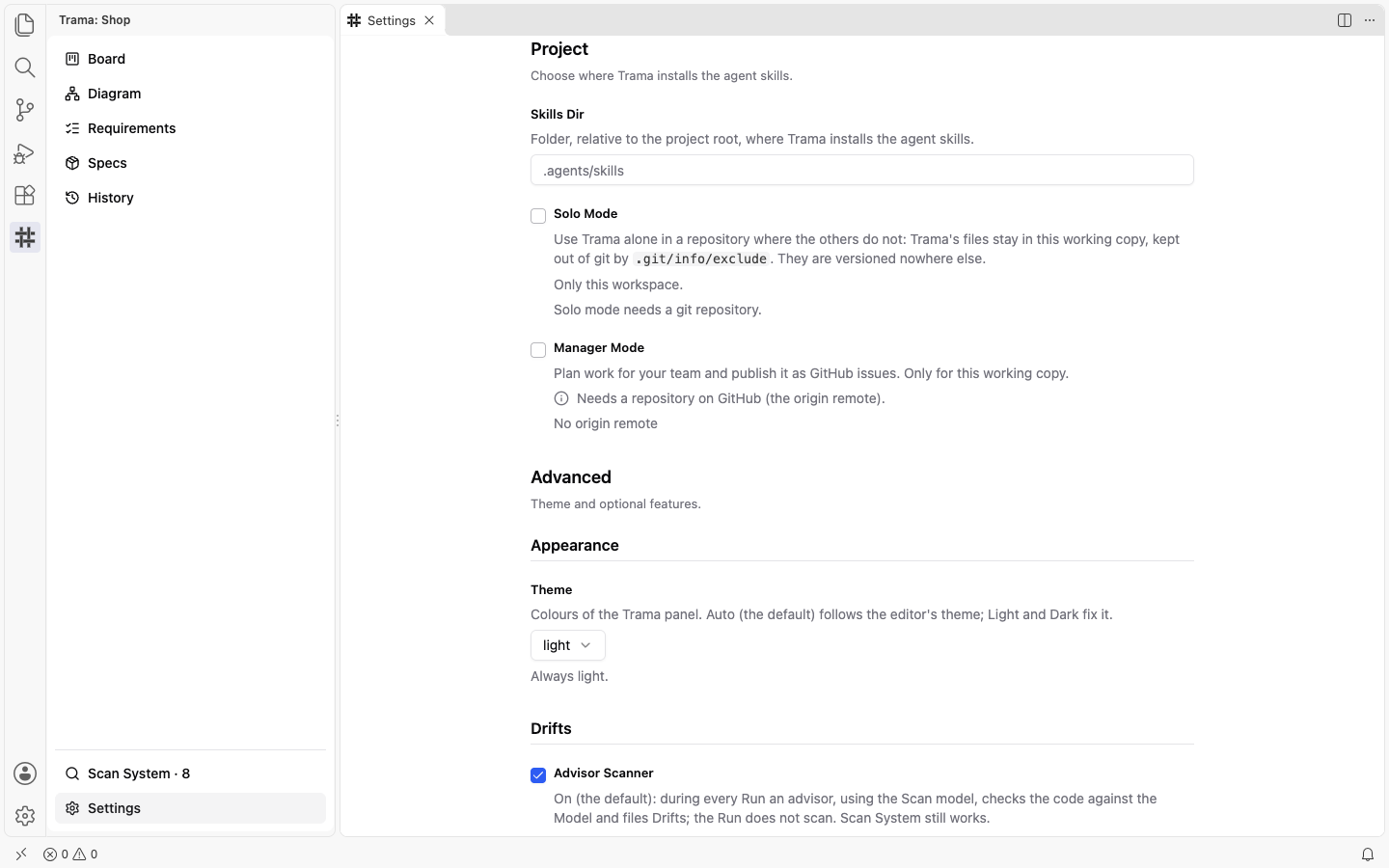 The Project group of Settings with the Skills Dir field, the Solo Mode and Manager Mode checkboxes and, below, the Advanced group starting with Theme and the Drifts options.