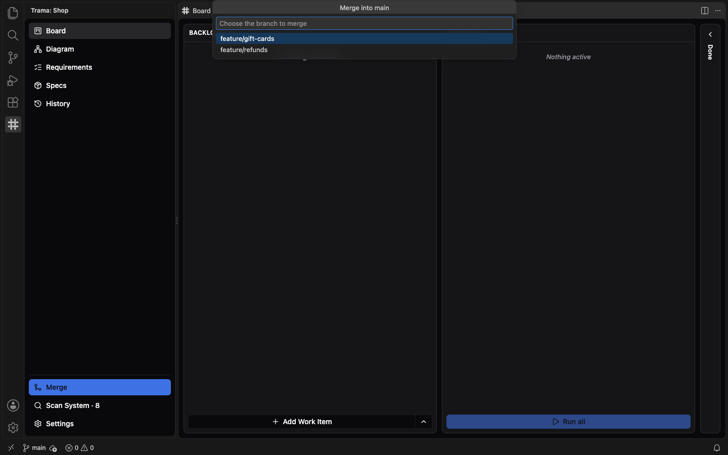 The quick pick Merge into main at the top of the window with the placeholder Choose the branch to merge and two branches listed, feature/gift-cards and feature/refunds.
