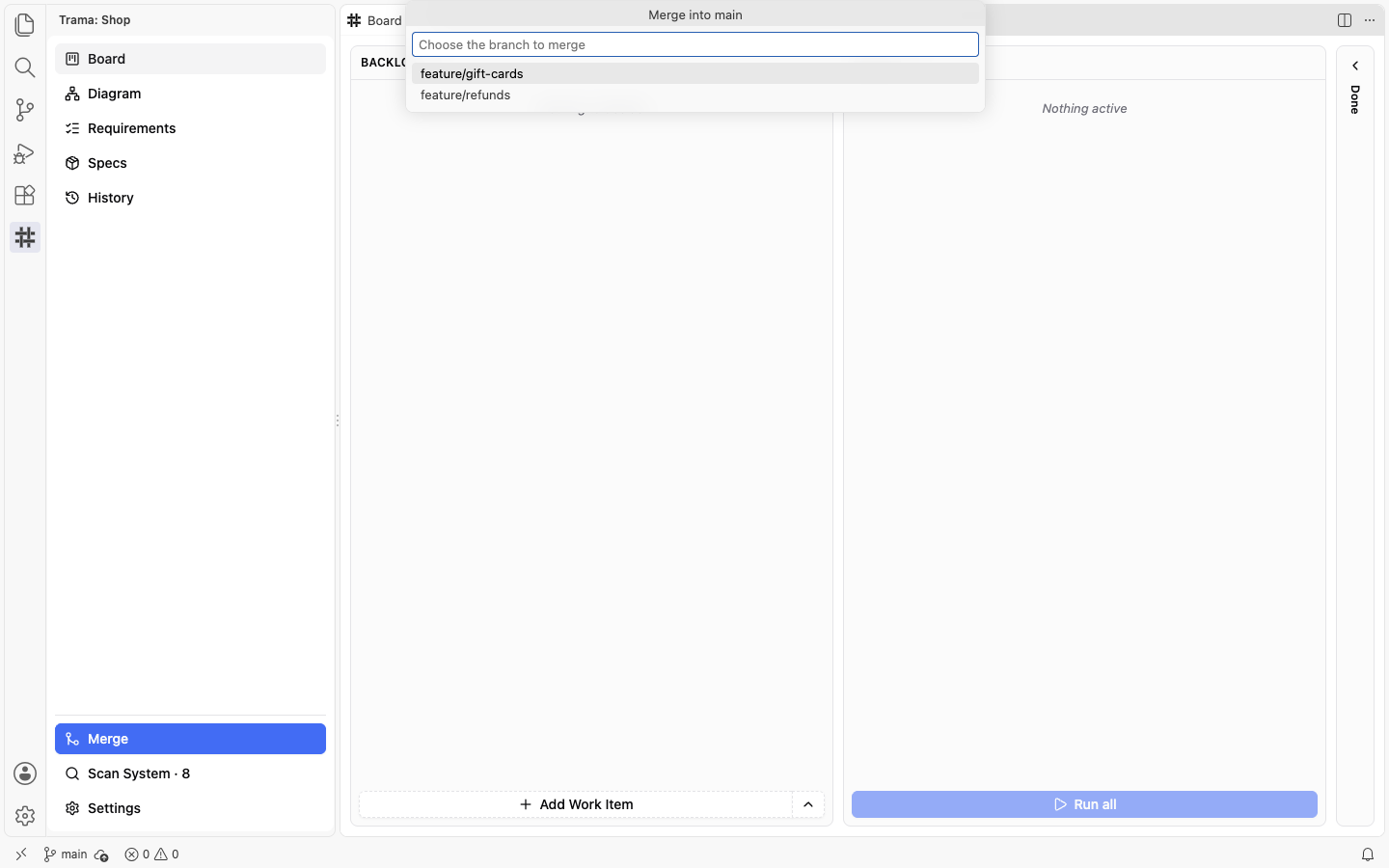 The quick pick Merge into main at the top of the window with the placeholder Choose the branch to merge and two branches listed, feature/gift-cards and feature/refunds.