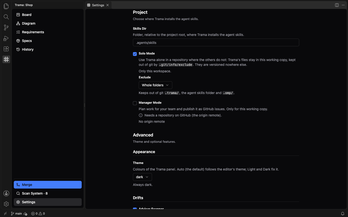 The Project group of Settings with Solo Mode checked, the Exclude selector set to Whole folders, the Manager Mode checkbox, and the Merge button now present at the bottom of the side menu.